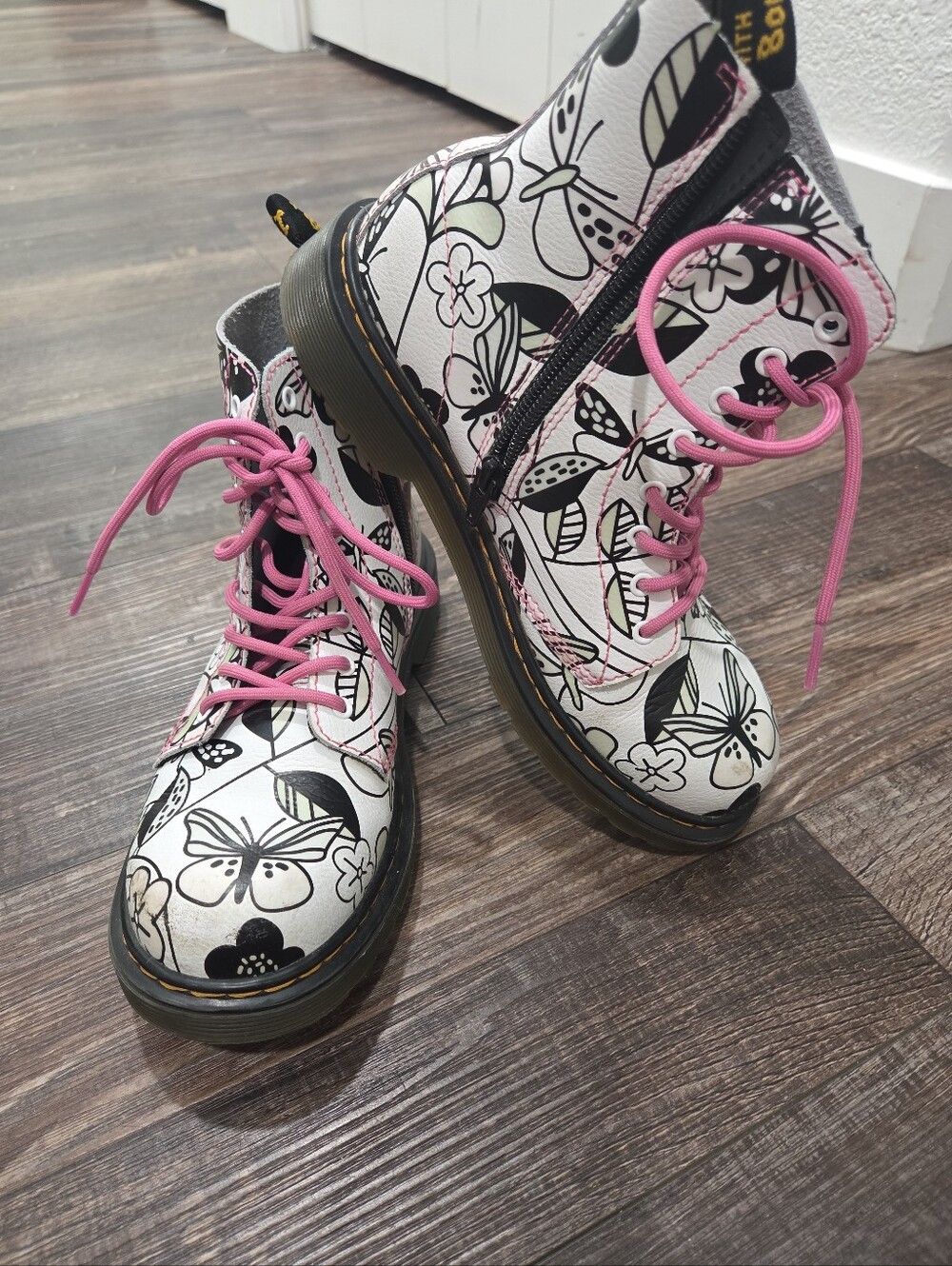 Dr. Martens Light Sensative White Floral Lace-Up Boots with Pink Trim